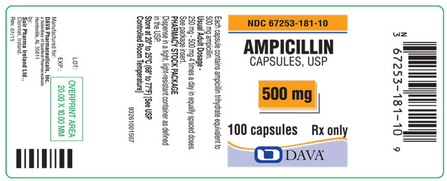 This is an image of Ampicillin Capsules, USP 500 mg 100 count label.