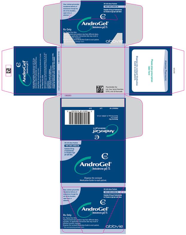 NDC 0051–8450–30 
CIII 
AndroGel® (testosterone gel) 1% 
30 Unit-dose Packets 
Contains 50 mg of testosterone in 5 Grams of gel per unit dose 
Clear, colorless gel provides transdermal delivery of testosterone through the skin of the shoulders, upper arms, or abdomen.*
Rx Only 
For Topical Use Only 
Topical testosterone products may have different doses, strengths, or application instructions that may result in different systemic exposure. 
Dispense the enclosed Medication Guide to each patient. 
*See accompanying package insert. 
abbvie 
