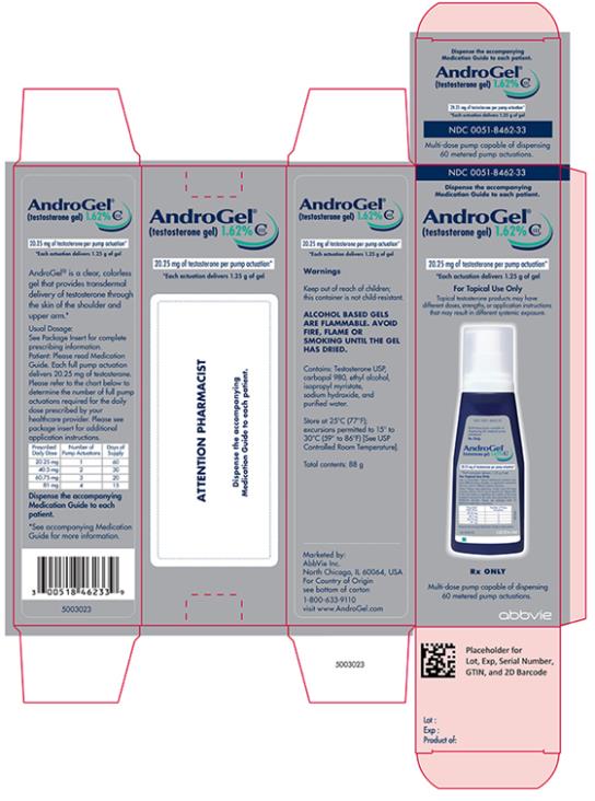 NDC 0051–8462–33 
Dispense the accompanying Medication Guide to each patient. 
AndroGel® (testosterone gel) 1.62% CIII 
20.25 mg of testosterone per pump actuation*
*Each actuation delivers 1.25 g of gel 
For Topical Use Only 
Topical testosterone products may have different doses, strengths, or application instructions that may result in different systemic exposure. 
Rx only 
Multi-dose pump capable of dispensing 60 metered pump actuations. 
abbvie 
