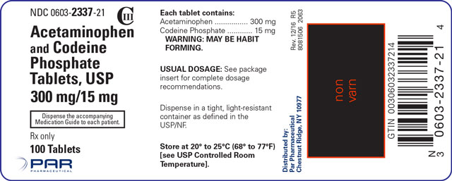 Image of the Acetaminophen and Codeine Phosphate Tablets, USP 300 mg/15 mg 100 count label.