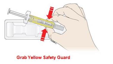 Open the package and remove the syringe from the tray. Grab the yellow safety guard to remove the prefilled syringe from the tray.