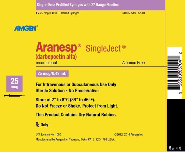 NDC 55513-057-04
Single-Dose Prefilled Syringes with 27 Gauge Needles
4 x 25 mcg/0.42 mL Prefilled Syringes
AMGEN ®
Aranesp ® SingleJect ®
(darbepoetin alfa)
recombinant
Albumin Free
25 mcg
25 mcg/0.42 mL
For Intravenous or Subcutaneous Use Only
Sterile Solution – No Preservative
Store at 2° to 8°C (36° to 46°F).
Do Not Freeze or Shake.  Protect from Light.
This Product Contains Dry Natural Rubber.
Rx Only
U.S. License No. 1080
©2012, 2016 Amgen Inc.
Manufactured by Amgen Inc. Thousand Oaks, CA 91320-1799 U.S.A.
