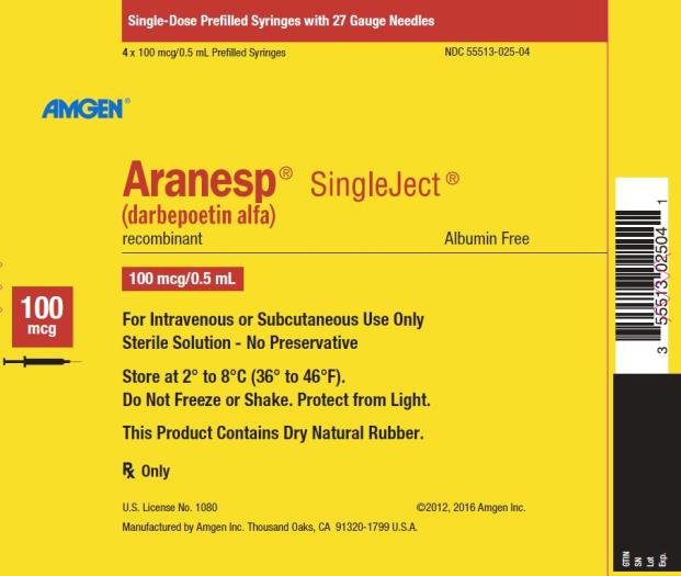 NDC 55513-025-04
Single-Dose Prefilled Syringes with 27 Gauge Needles
4 x 100 mcg/0.5 mL Prefilled Syringes
AMGEN ®
Aranesp ® SingleJect ®
(darbepoetin alfa)
recombinant
Albumin Free
100 mcg
100 mcg/0.5 mL
For Intravenous or Subcutaneous Use Only
Sterile Solution – No Preservative
Store at 2° to 8°C (36° to 46°F).
Do Not Freeze or Shake.  Protect from Light.
This Product Contains Dry Natural Rubber.
Rx Only
U.S. License No. 1080
©2012, 2016 Amgen Inc.
Manufactured by Amgen Inc. Thousand Oaks, CA 91320-1799 U.S.A.
