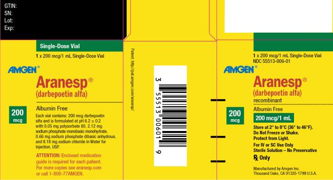 NDC 55513-006-01
1 x 200 mcg/1 mL Single-Dose Vial
AMGEN ®
Aranesp ®
(darbepoetin alfa)
recombinant
Albumin Free
200 mcg
200 mcg/1 mL
Store at 2° to 8°C (36° to 46°F).
Do Not Freeze or Shake.
Protect from Light.
For IV or SC Use Only
Sterile Solution – No Preservative
Rx Only
Manufactured by Amgen Inc.
Thousand Oaks, CA 91320-1799 U.S.A.
