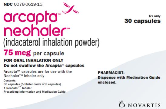 PRINCIPAL DISPLAY PANEL
Package Label – 75 mcg
Rx Only		NDC 0078-0619-15
Arcapta™ 
Neohaler™
(indacaterol inhalation powder)
75 mcg per capsule
30 capsules
FOR ORAL INHALATION ONLY
Do not swallow the Arcapta™ capsules
PHARMACIST:  Dispense with Medication Guide enclosed.
Contents:
30 capsules (5 blister cards of 6 capsules)
1 Neohaler™ Inhaler
Prescribing Information and Medication Guide
