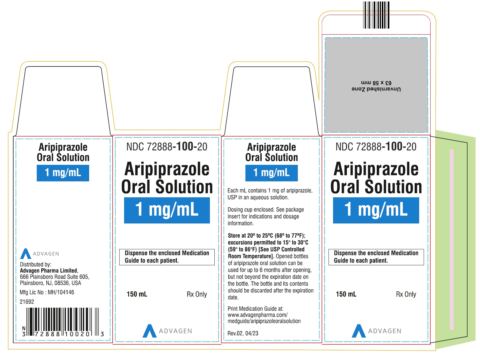 Aripiprazole Oral Solution (1 mg/mL) - NDC 72888-100-20 - 150 mL carton 