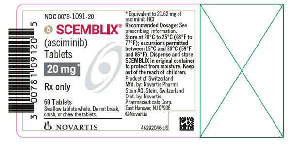 PRINCIPAL DISPLAY PANEL
								NDC 0078-1091-20
								SCEMBLIX®
								(capmatinib) Tablets
								20 mg*
								Rx only
								60 Tablets
								Swallow tablets whole. Do not break, crush, or chew the tablets.
								NOVARTIS
							