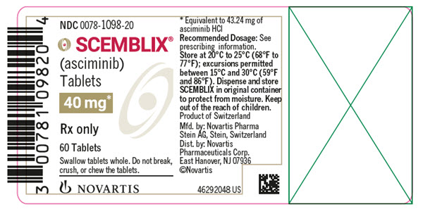 PRINCIPAL DISPLAY PANEL
								NDC 0078-1098-20
								SCEMBLIX®
								(asciminib) Tablets
								40 mg*
								Rx only
								60 Tablets
								Swallow tablets whole. Do not break, crush, or chew the tablets.
								NOVARTIS
