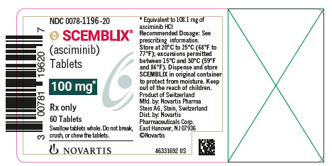 PRINCIPAL DISPLAY PANEL
								NDC 0078-1196-20
								SCEMBLIX®
								(asciminib) Tablets
								100 mg*
								Rx only
								60 Tablets
								Swallow tablets whole. Do not break, crush, or chew the tablets.
								NOVARTIS