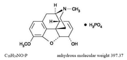 The following structural formula Codeine phosphate (7,8-Didehydro-4,5α-epoxy-3-methoxy-17-methylmorphinan-6α-ol phosphate (1:1) (salt) hemihydrate) is an opioid agonist. 