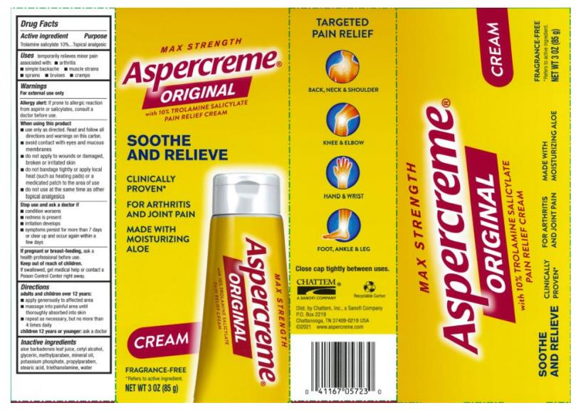 MAX STRENGTH
Aspercreme®
ORIGINAL 
with 10% Trolamine Salicylate
PAIN RELIEF CREAM
NET WT 3 oz (85 g)
