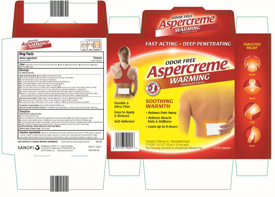 PRINCIPAL DISPLAY PANEL
Aspercreme
WARMING
PAIN RELIEF PATCH
Contains 5 patches in 1 resealable pouch 
0.025% Capsaicin 
