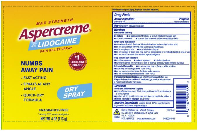 MAX STRENGTH
Aspercreme 
LIDOCAINE
PAIN RELIEF SPRAY
NET WT 4 OZ (113 g)
