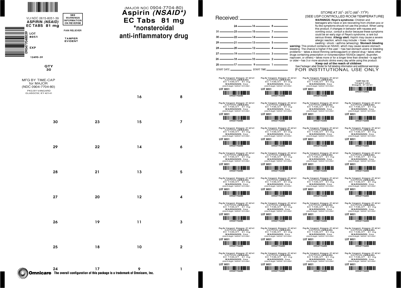 Aspirin EC Tablets 81mg Bingo card label