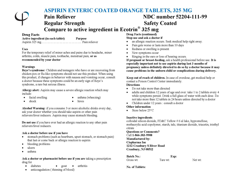 ASPIRIN ENTERIC COATED ORANGE TABLETS, 325 mg, Bulk