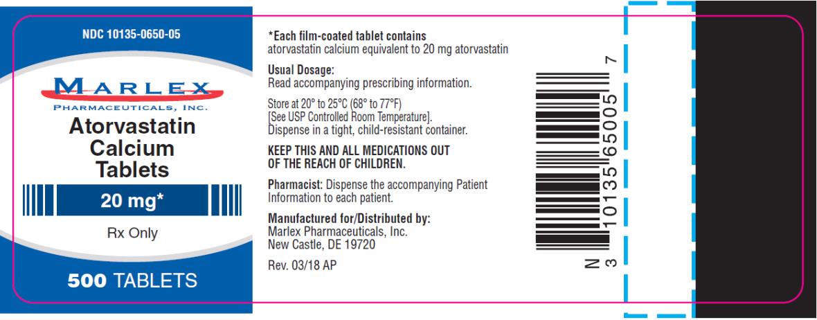 PRINCIPAL DISPLAY PANEL
NDC 10135-0650-05
Atorvastatin 
Calcium 
Tablets
20 mg
500 TABLETS
Rx Only
