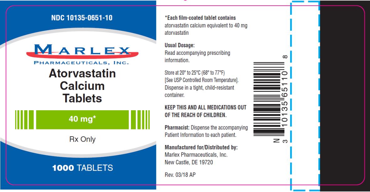 PRINCIPAL DISPLAY PANEL
NDC 10135-0651-10
Atorvastatin 
Calcium 
Tablets
40 mg
1000 TABLETS
Rx Only

