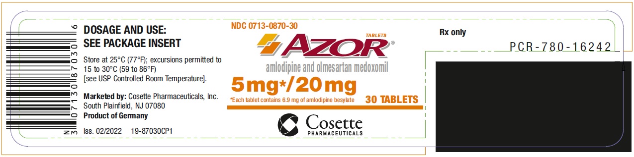 PRINCIPAL DISPLAY PANEL NDC 0713-0870-30 AZOR amlodipine and olmesartan medoxomil 5 mg*/ 20 mg 30 Tablets Rx only