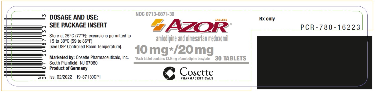 PRINCIPAL DISPLAY PANEL NDC 0713-0871-30 AZOR amlodipine and olmesartan medoxomil 10 mg*/ 20 mg 30 Tablets Rx only