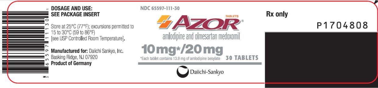 PRINCIPAL DISPLAY PANEL NDC 65597-111-30 AZOR amlodipine and olmesartan medoxomil 10 mg/ 20 mg 30 Tablets Rx Only