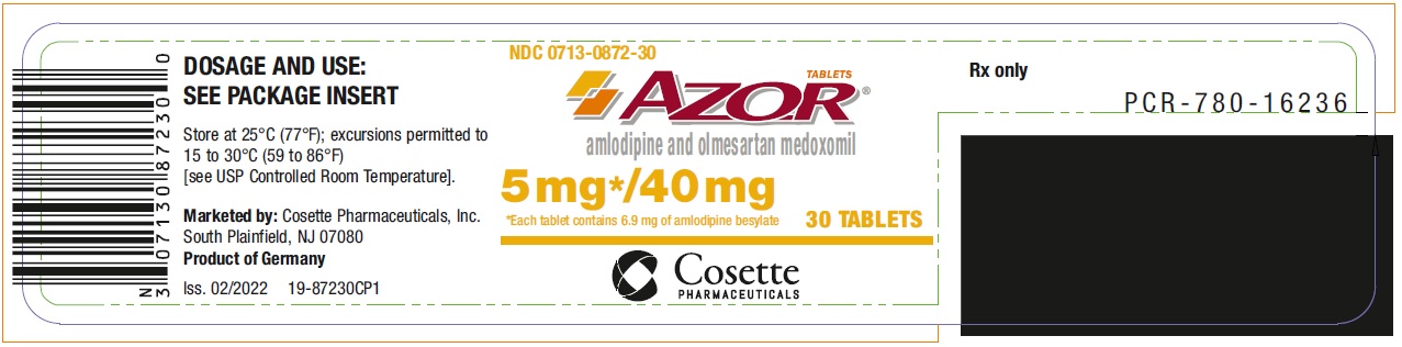 PRINCIPAL DISPLAY PANEL NDC 0713-0872-30 AZOR amlodipine and olmesartan medoxomil 5 mg*/ 40 mg 30 Tablets Rx only