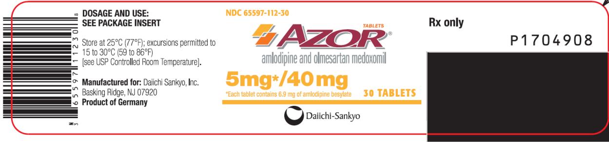 PRINCIPAL DISPLAY PANEL NDC 65597-112-30 AZOR amlodipine and olmesartan medoxomil 5 mg/ 40 mg 30 Tablets Rx Only