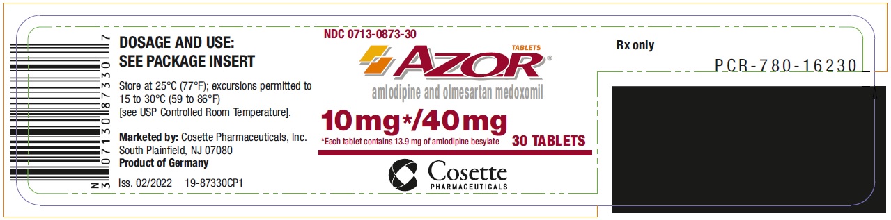 PRINCIPAL DISPLAY PANEL NDC 0713-0873-30 AZOR amlodipine and olmesartan medoxomil 10 mg*/ 40 mg 30 Tablets Rx only