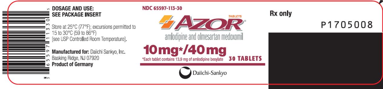 PRINCIPAL DISPLAY PANEL NDC 65597-113-30 AZOR amlodipine and olmesartan medoxomil 10 mg/ 40 mg 30 Tablets Rx Only