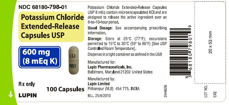 Potassium Chloride Extended-Release Capsules USP
600 mg (8 mEq K)
							NDC 68180-798-01 - Bottle of 100s