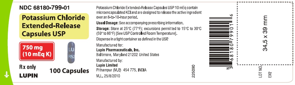 Potassium Chloride Extended-Release Capsules USP
750 mg (10 mEq K)
							NDC 68180-799-01 - Bottle of 100s