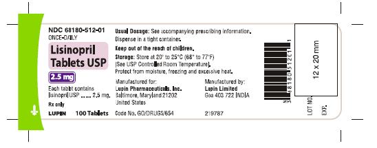 LISINOPRIL TABLETS USP
Rx Only
2.5 mg
NDC 68180-512-01
							100 Tablets