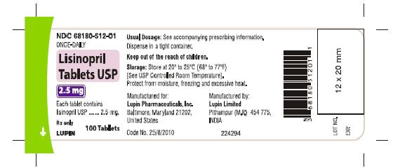 LISINOPRIL TABLETS USP
Rx Only
2.5 mg
NDC 68180-512-01
							100 Tablets
