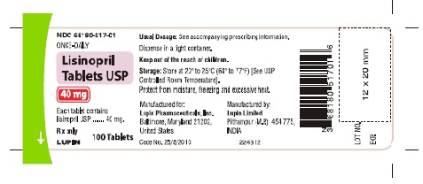 LISINOPRIL TABLETS USP
Rx Only
40 mg
NDC 68180-517-01
							100 Tablets