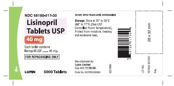 LISINOPRIL TABLETS USP
40 mg
NDC 68180-517-30
							5000 Tablets Bulk Pouch for Repackaging