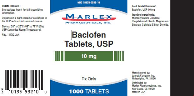 NDC 10135-0532-10
Baclofen
Tablets, USP
10 mg
Rx Only
1000 TABLETS
