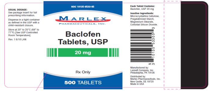 NDC 10135-0533-05
Baclofen
Tablets, USP
20 mg
Rx Only
500 TABLETS
