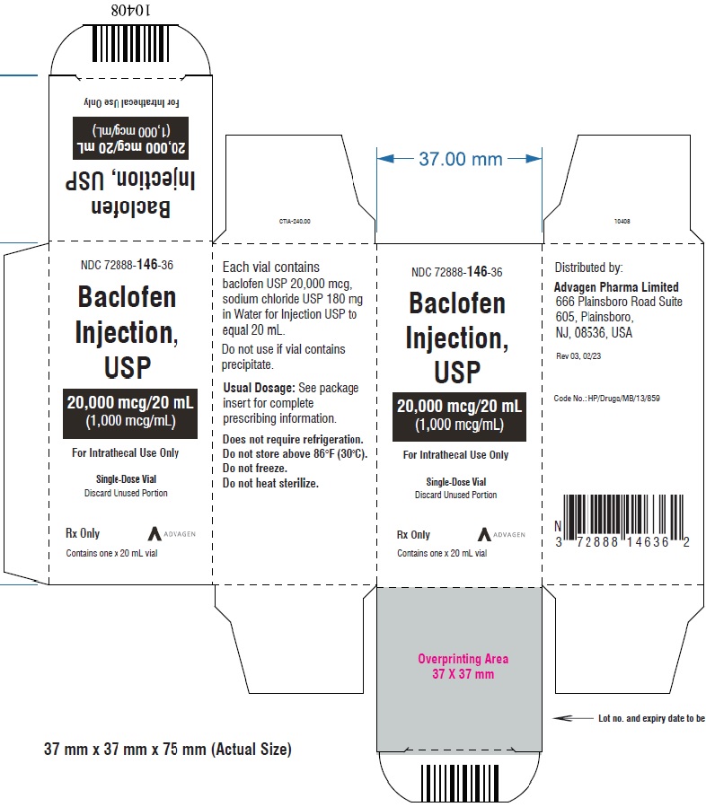 Baclofen Injection 1,000 mcg per mL - NDC 72888-146-36 - Single-Dose Vial Carton Label 