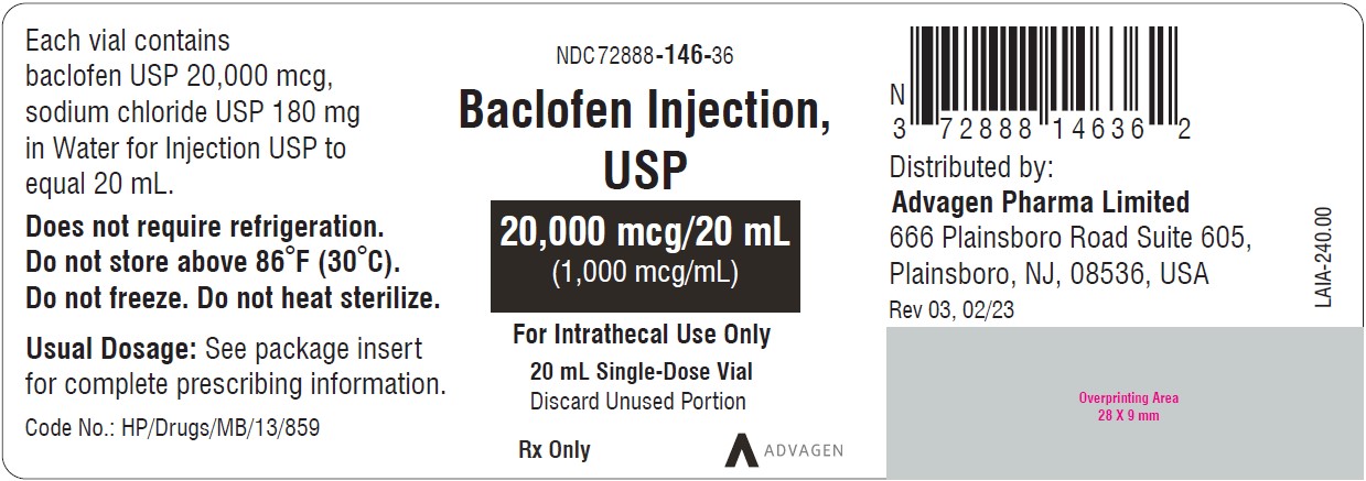 Baclofen Injection 1,000 mcg per mL - NDC 72888-146-36 - Single-Dose Vial  Label
