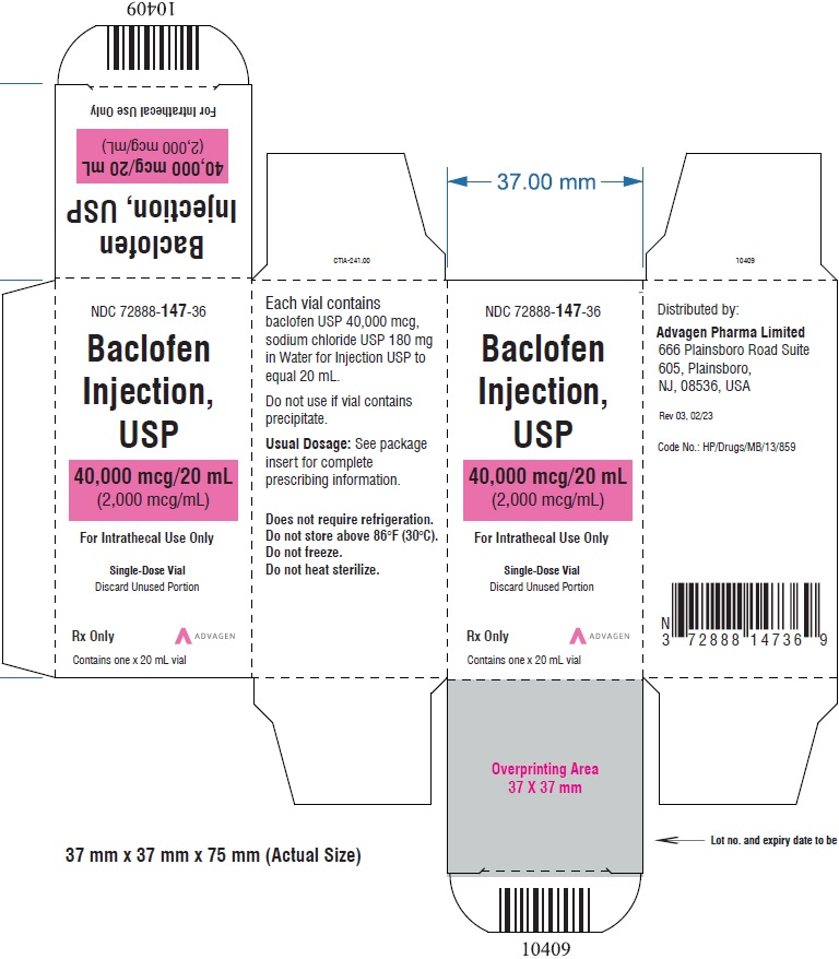 Baclofen Injection 2,000 mcg per mL - NDC 72888-147-36 - Single-Dose Vial Carton Label