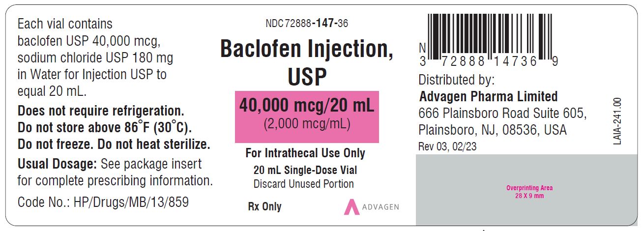 Baclofen Injection 2,000 mcg per mL - NDC 72888-147-36 - Single-Dose Vial  Label