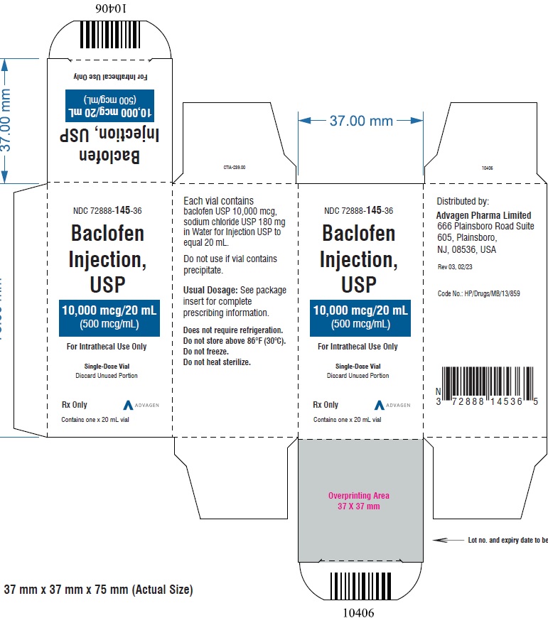 Baclofen Injection 500 mcg per mL - NDC 72888-145-36 - Single-Dose Vial Carton Label