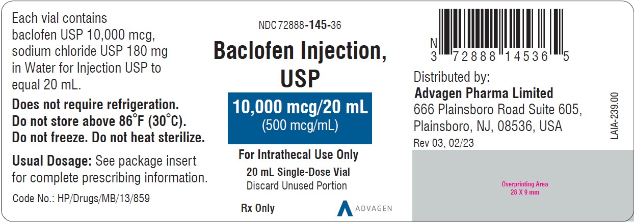 Baclofen Injection 500 mcg per mL - NDC 72888-145-36 - Single-Dose Vial  Label