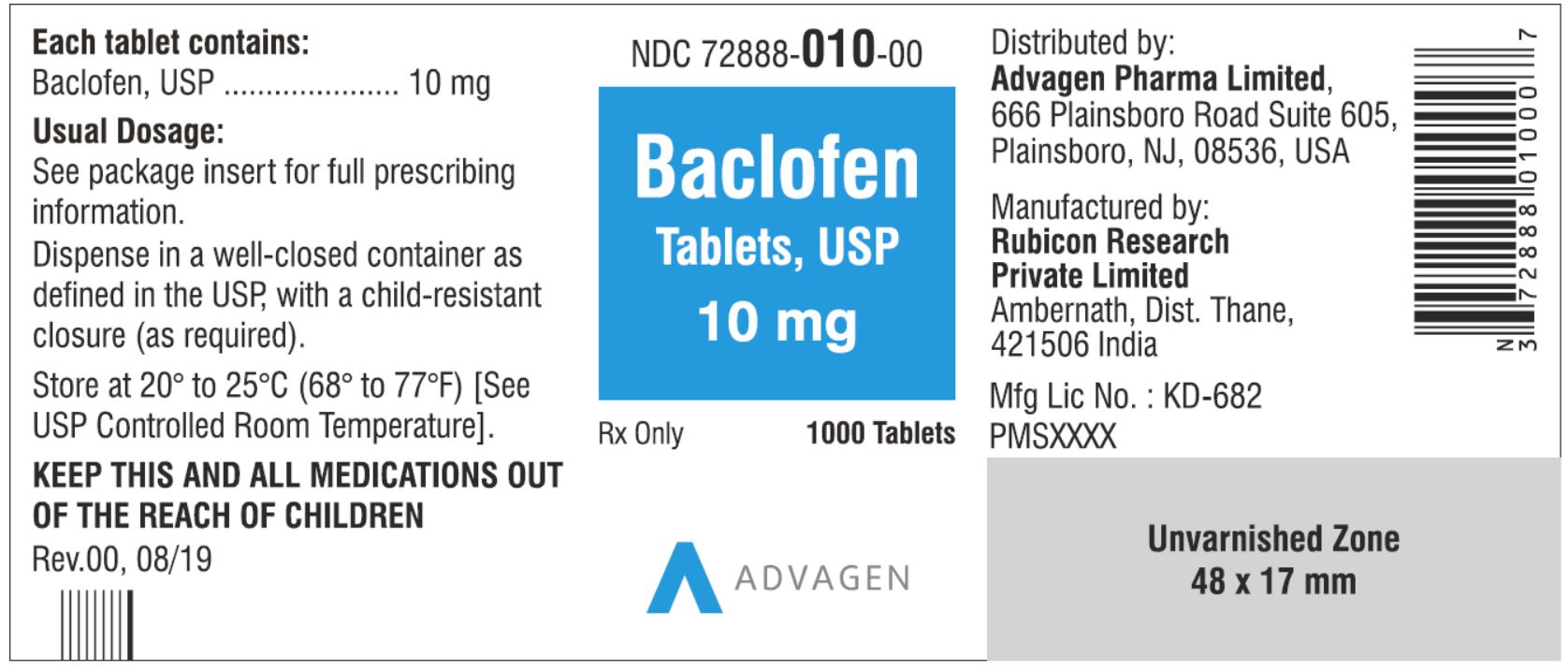 NDC 72888-010-00 - Baclofen Tablets, USP 10 mg - 1000 Tablets