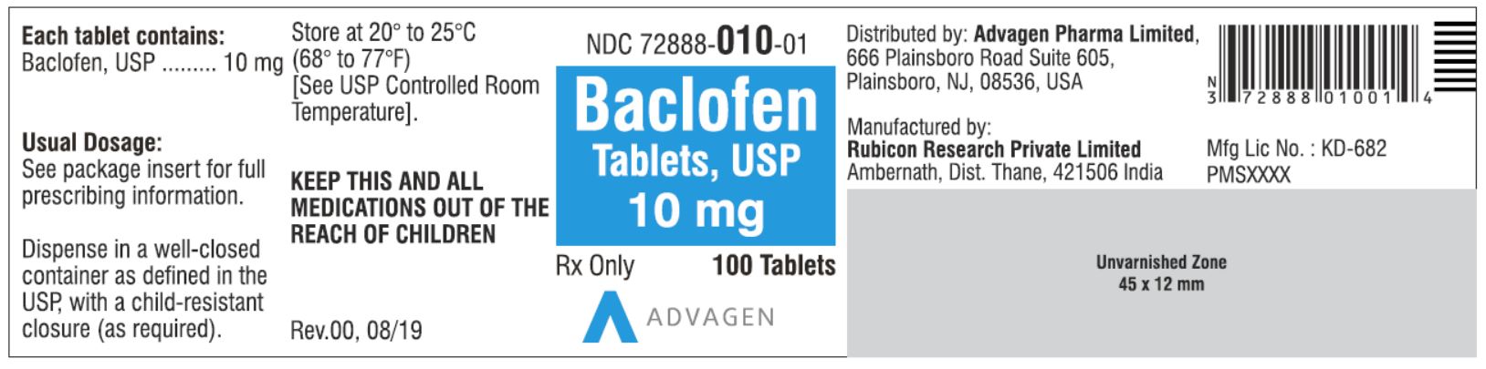 NDC 72888-010-01 - Baclofen Tablets, USP 10 mg - 100 Tablets