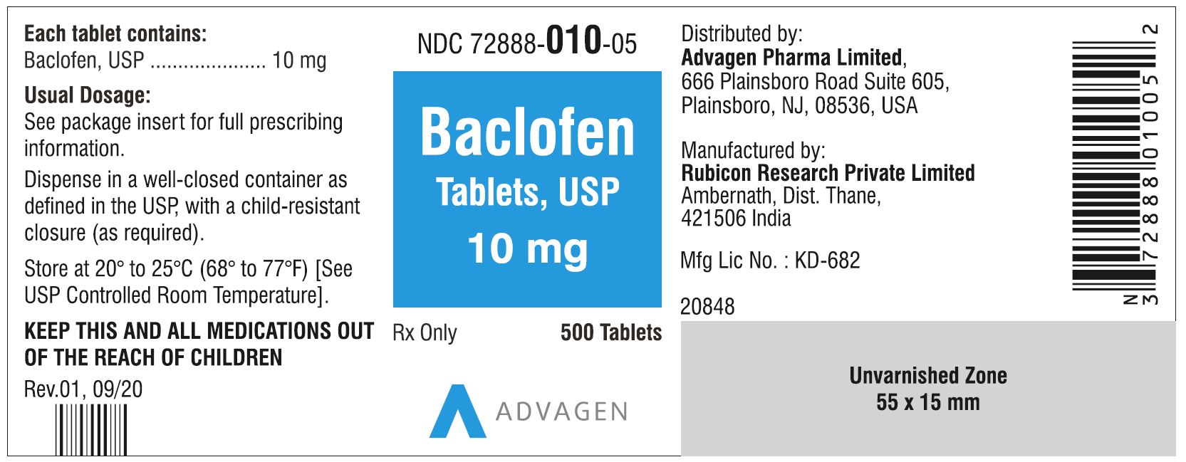 NDC 72888-010-05 - Baclofen Tablets, USP 10 mg - 500 Tablets