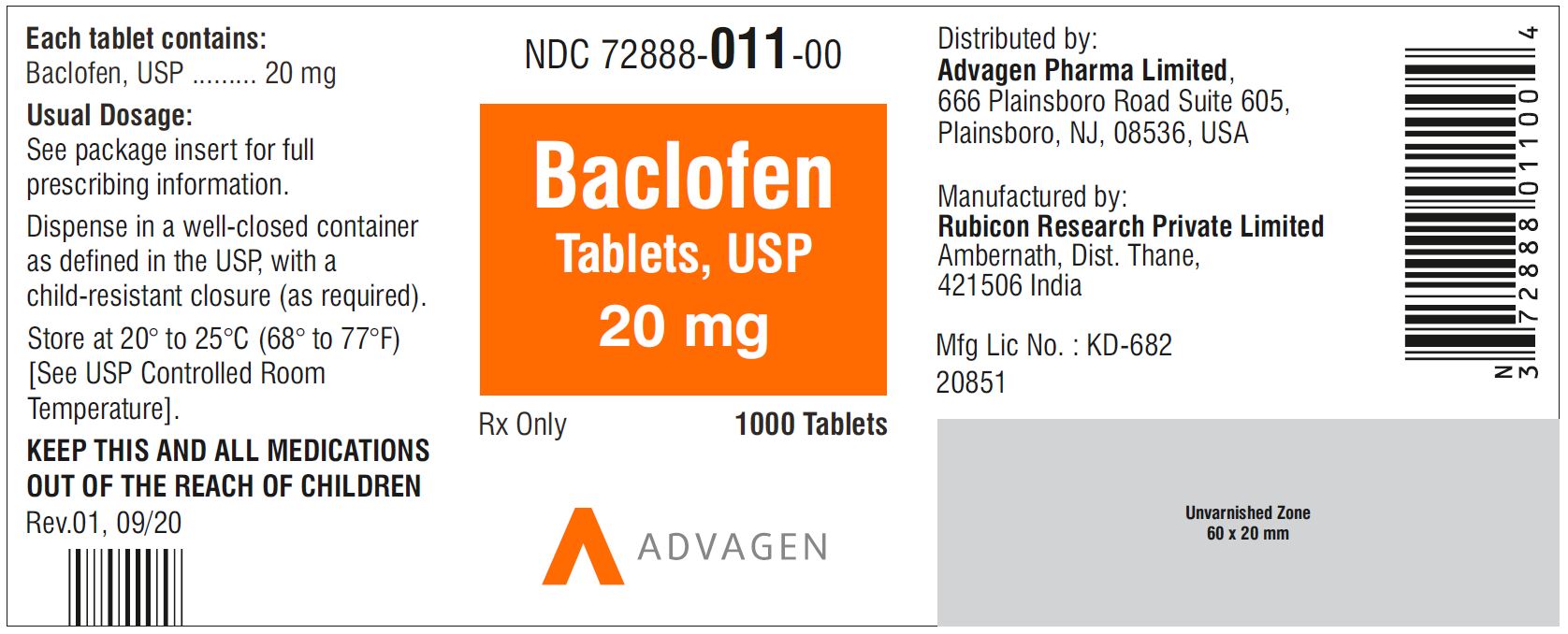 NDC 72888-011-00 - Baclofen Tablets, USP 20 mg - 1000 Tablets