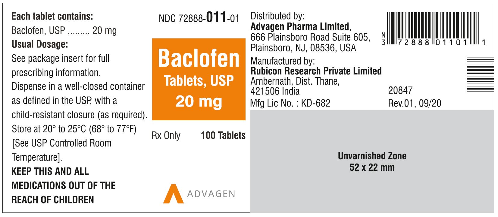 NDC 72888-011-01 - Baclofen Tablets, USP 20 mg - 100 Tablets
