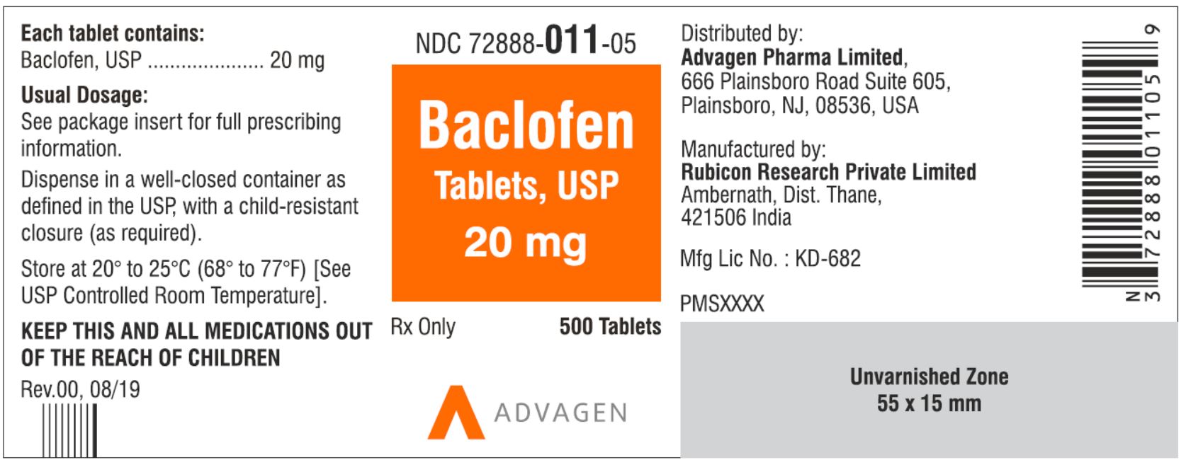 NDC 72888-011-05 - Baclofen Tablets, USP 20 mg - 500 Tablets