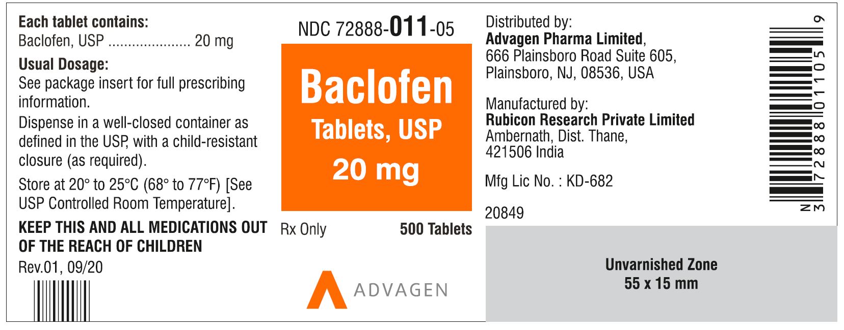 NDC 72888-011-05 - Baclofen Tablets, USP 20 mg - 500 Tablets