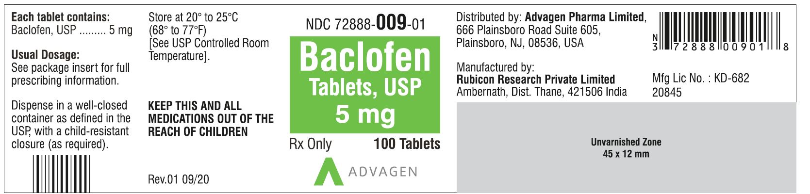 NDC 72888-009-01 - Baclofen Tablets, USP 5 mg - 100 Tablets